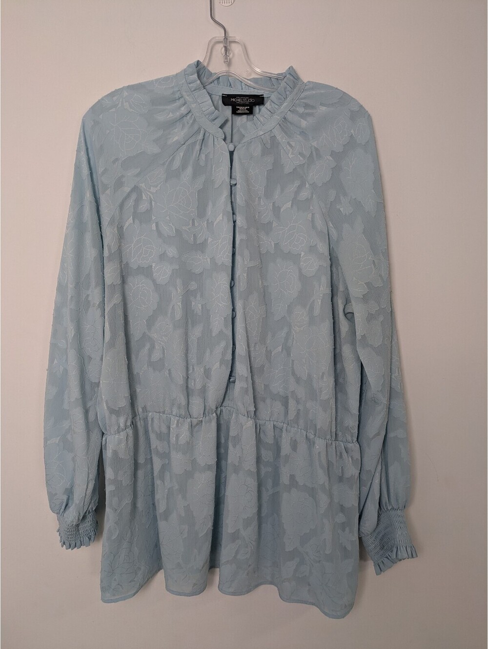 MICHEL STUDIO Light Blue Jacquard Floral Blouse Size 18 Ruffle Neck Peplum Top